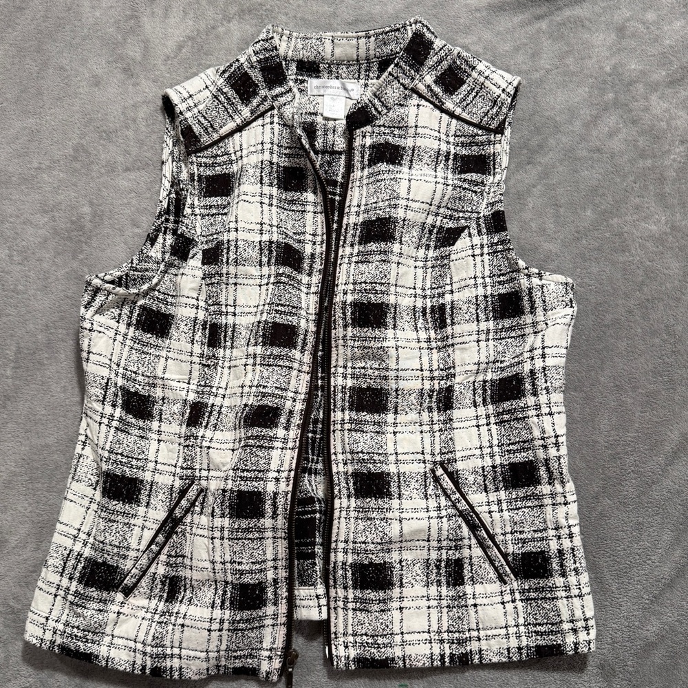 Christopher &Banks Plaid Black & White Sleeveless Zip Vest size Large